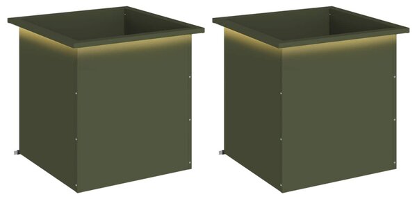 Led-es kerti virágláda 2 db Olajzöld 50 x 50 x 48 cm Acél