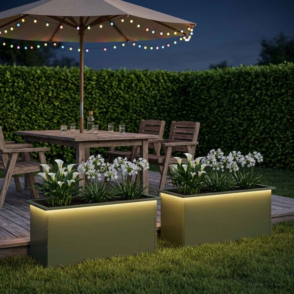 Led-es kerti virágláda 2 db Olajzöld 50 x 100 x 48 cm Acél