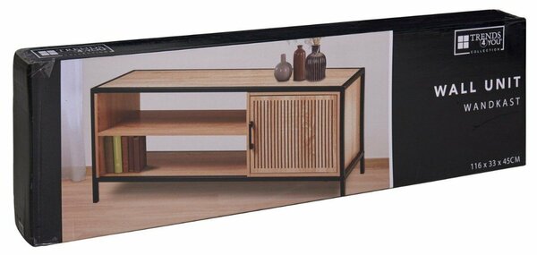 Fiókos Komód fém vázzal és MDF polcokkal, modern ipari formatervezés, 116x33x45 cm, fekete