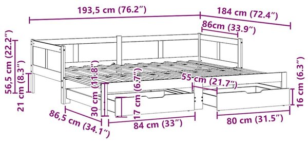 VidaXL kihúzható heverő fiókokkal matrac nélkül 90 x 190 cm