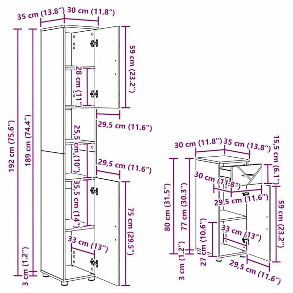 VidaXL Fürdőszoba bútor szett 4 db Fekete 35 x 30 x 192 cm