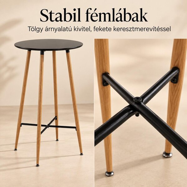 Bárasztal, kerek MDF asztallappal, Ø60 x 102 cm, fekete/tölgy
