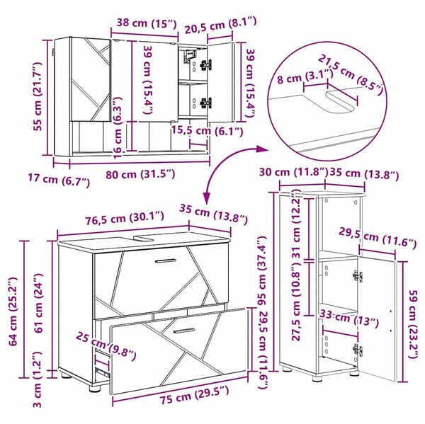 VidaXL Fürdőszoba bútor szett 3 pcs kézműves tölgy 76.5 x 35 x 64 cm