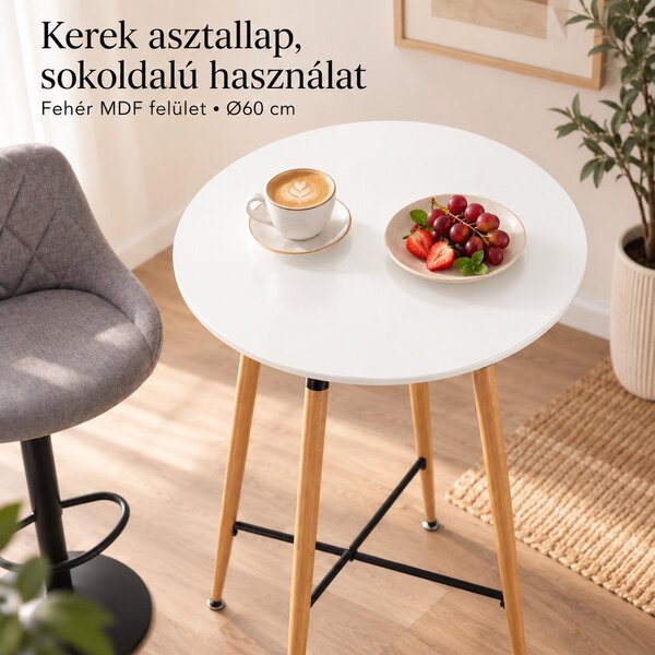 Bárasztal, kerek MDF asztallappal, Ø60 x 102 cm, fehér/tölgy