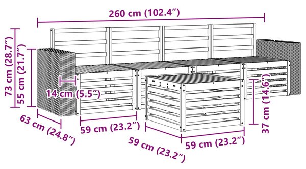 VidaXL Kültéri kanapé szett 5 pcs Természetes Tömör Akácfa
