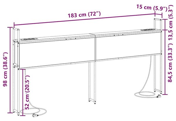 VidaXL Tárolós Fejtámla Töltő Állomással barna tölgy 180 cm Faanyag