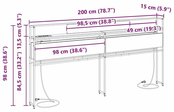 VidaXL Tároló fejtámla polcokkal tárolóval Musta tammi 200 cm Faanyag