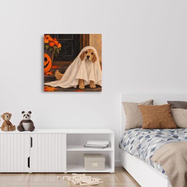 Kép halloweeni kutya lepedő alatt