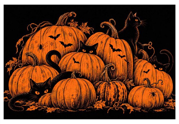 Kép halloween-i tökök fekete macskákkal
