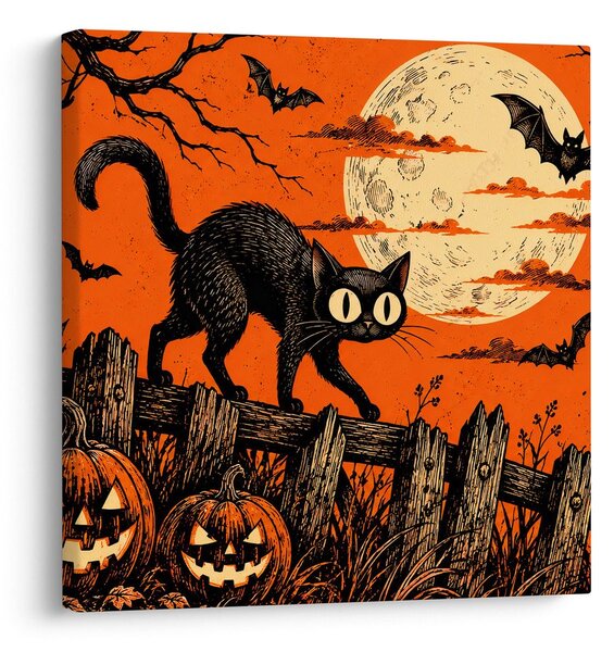 Kép halloweeni macska tökök között