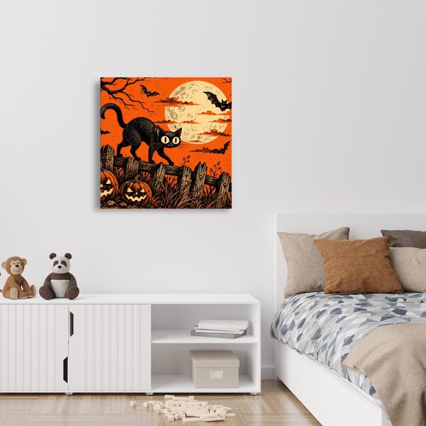 Kép halloweeni macska tökök között