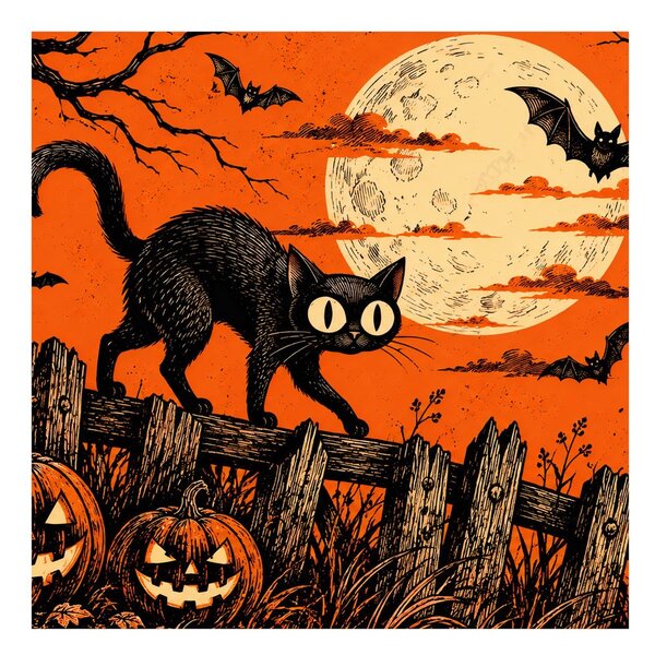 Kép halloweeni macska tökök között