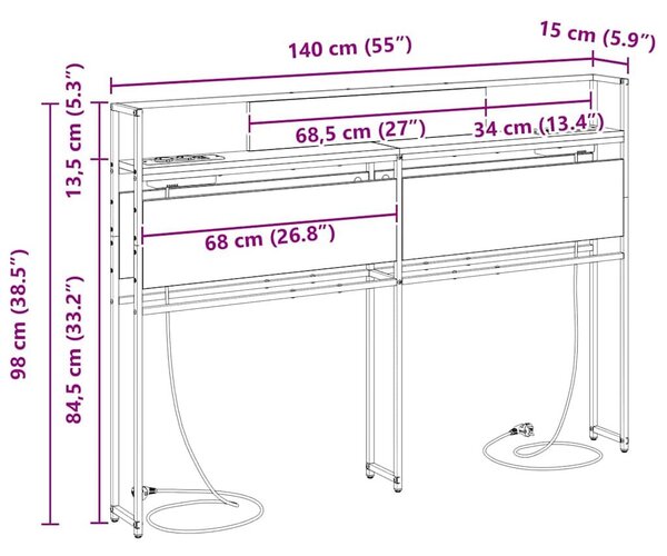 VidaXL Tároló fejtámla polcokkal tárolóval Musta tammi 140 cm Faanyag