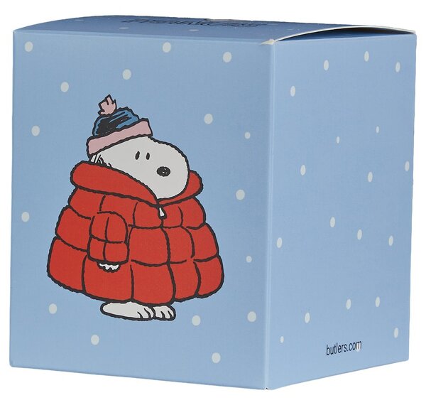 PEANUTS gyertya üvegben 9cm , Snoopy kabátban