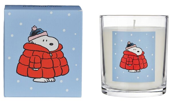 PEANUTS gyertya üvegben 9cm , Snoopy kabátban