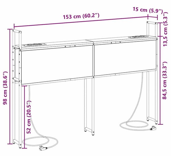 VidaXL Tárolós Fejtámla Töltő Állomással Musta tammi 150 cm Faanyag
