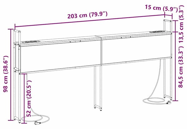 VidaXL Tárolós Fejtámla Töltő Állomással Musta tammi 200 cm Faanyag