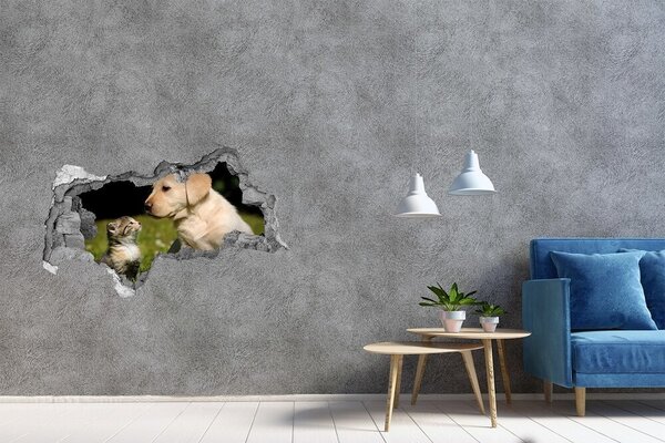 3d lyuk fal dekoráció Kutya és macska a réten