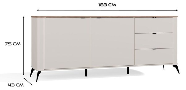 Aldabra CORDOBA 2D3S komód 183x43x11.5 cm, kasmír, fekete lábakkal, tölgy fedlappal
