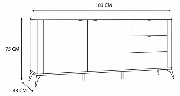Aldabra CORDOBA 2D3S komód 183x43x11.5 cm, kasmír- fekete lábakkal