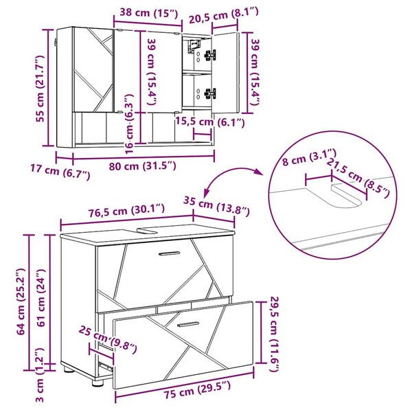 VidaXL Fürdőszoba bútor szett 2 pcs Magasfényű fehér 76.5 x 35 x 64 cm