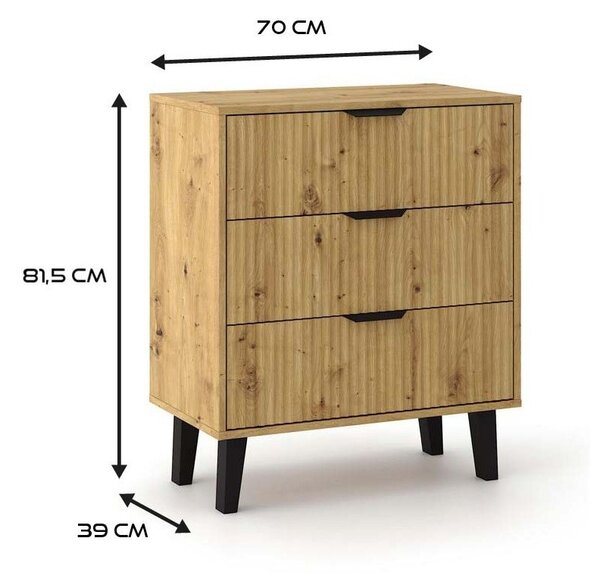 Aldabra SCANDI 3S Slim komód 70x39x81.5 cm, tölgy-fekete