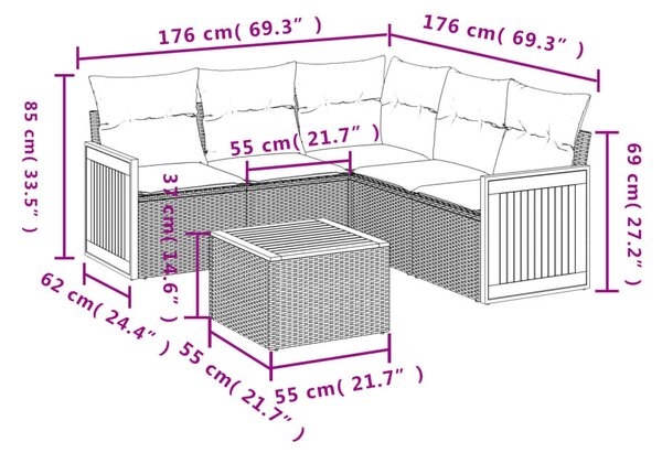 VidaXL 6 db fekete polyrattan kerti kanapégarnitúra párnákkal