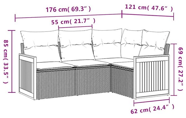 VidaXL 4 db fekete polyrattan kerti kanapégarnitúra párnákkal