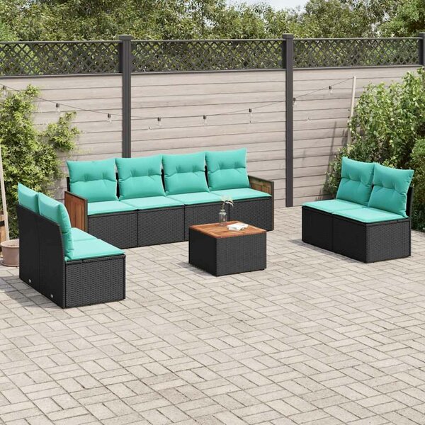VidaXL 9 db fekete polyrattan kerti kanapégarnitúra párnákkal