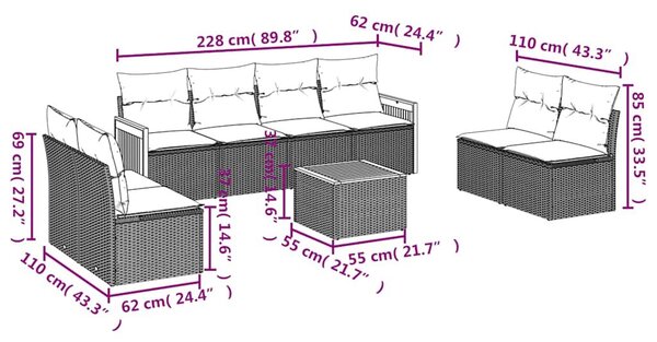 VidaXL 9 db fekete polyrattan kerti kanapégarnitúra párnákkal
