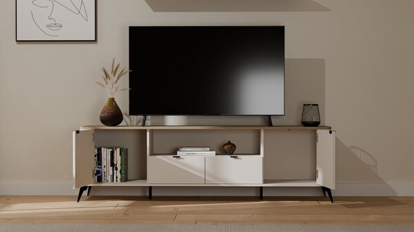 Aldabra RTV CORDOBA 2D2S TV állvány 186x43x11.5 cm, kasmír, fekete lábakkal, tölgy fedlappal