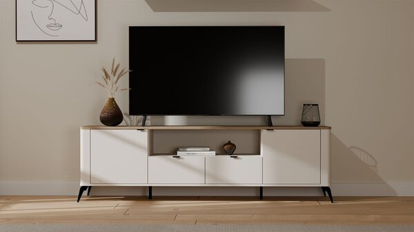 Aldabra RTV CORDOBA 2D2S TV állvány 186x43x11.5 cm, kasmír, fekete lábakkal, tölgy fedlappal