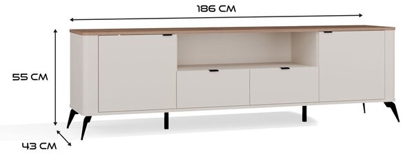 Aldabra RTV CORDOBA 2D2S TV állvány 186x43x11.5 cm, kasmír, fekete lábakkal, tölgy fedlappal
