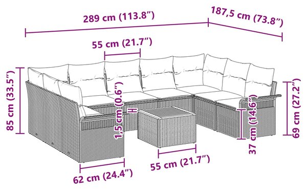 VidaXL Kerti kanapészett párnával, 10 db, Fekete polirattan
