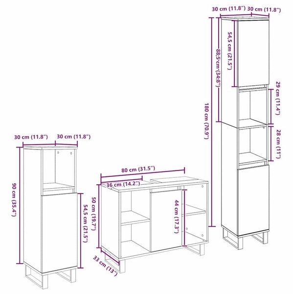 VidaXL Fürdőszoba bútor szett 3 pcs Barna 30 x 30 x 180 cm Faanyag