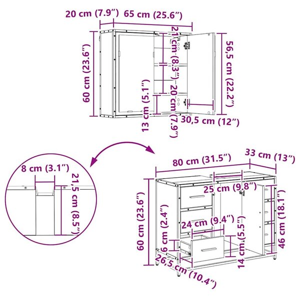 VidaXL Fürdőszoba bútor szett fiókkal 2 pcs Fekete tölgy Faanyag