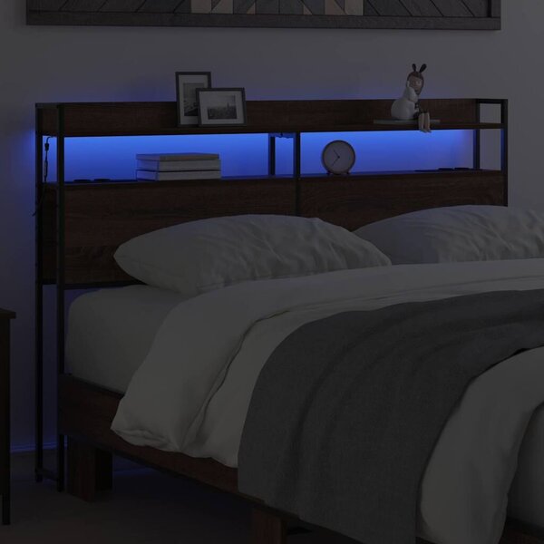VidaXL Fejtámla LED -es lámpákkal polcokkal barna tölgy 135 cm Faanyag