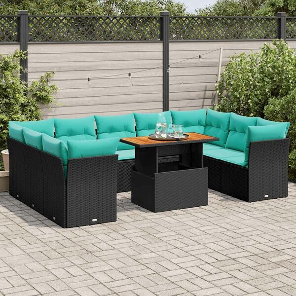 VidaXL 10 részes fekete polyrattan kerti ülőgarnitúra párnákkal