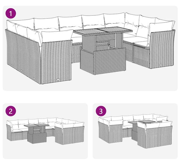 VidaXL 10 részes fekete polyrattan kerti ülőgarnitúra párnákkal