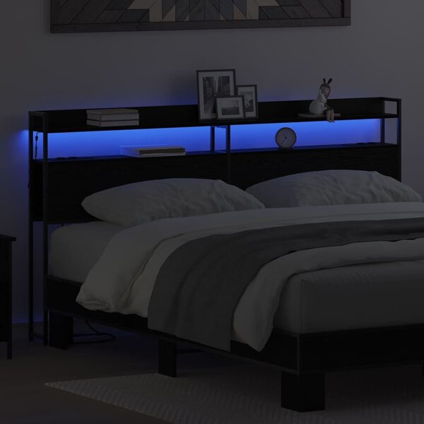 VidaXL Fejtámla LED -es lámpákkal polcokkal Musta tammi 200 cm Faanyag