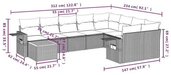 VidaXL 10 db fekete polyrattan kerti kanapégarnitúra párnákkal