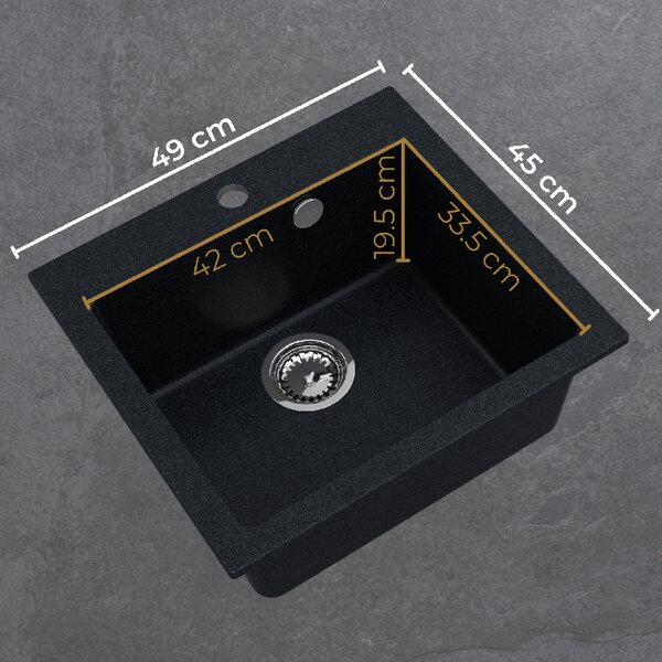 SINK Quality Mosogató Quality Ferrum 50, konyhai gránit mosogató 490x450x195 mm + arany szifon, fekete, SKQ-FER.C.1K50.XG