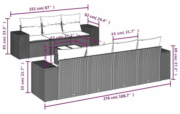8 db fekete polyrattan kerti kanapégarnitúra párnákkal