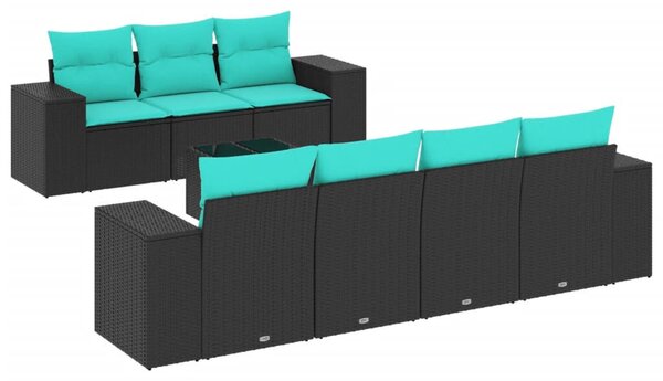 8 db fekete polyrattan kerti kanapégarnitúra párnákkal