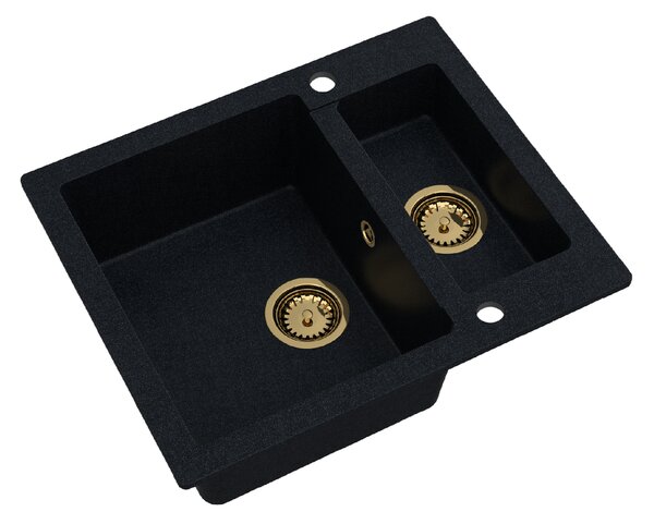 SINK Quality Mosogató Quality Ferrum, konyhai gránit mosogató 605x495x210 mm + arany szifon, fekete foltos-BROKÁD, SKQ-FER.B.5KBO.XG