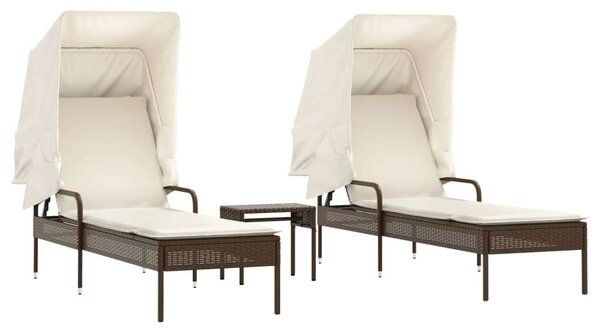 VidaXL Napozóágy Szett - 2 db - Barna Polyrattan - Napellenzővel és Asztallal