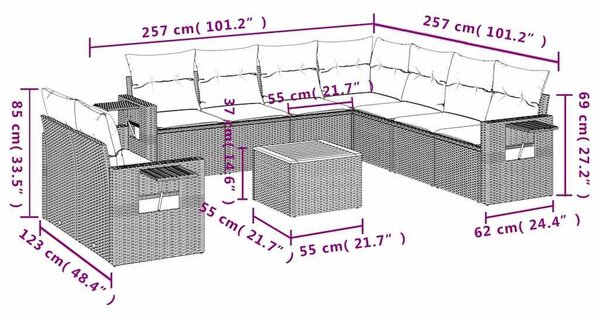 VidaXL 10 db szürke polyrattan kerti kanapégarnitúra párnákkal