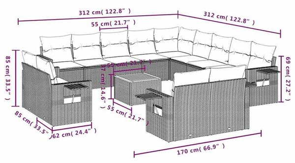 14 db fekete polyrattan kerti kanapégarnitúra párnákkal