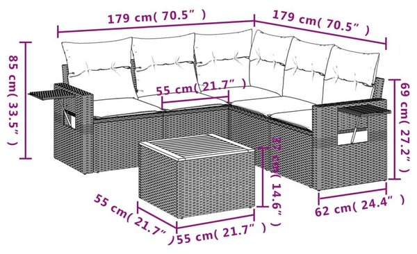 VidaXL 6 db szürke polyrattan kerti kanapégarnitúra párnákkal