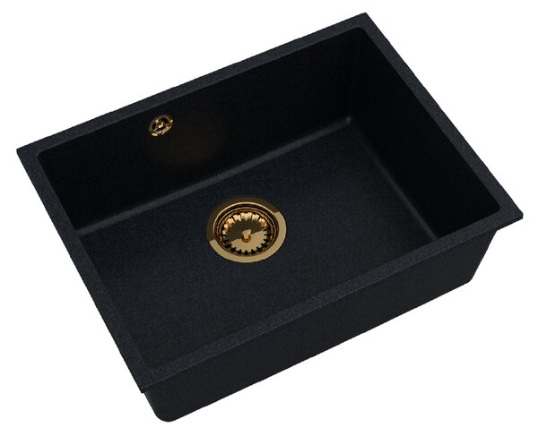 SINK Quality Mosogató minőségi Crypton 60, konyhai gránit mosogató 535x400x205 mm + arany szifon, fekete foltos, SKQ-CRY.B.1KBO.60.XG